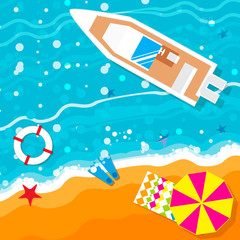 Summer vacation, time to travel, beach rest: sun, sea, waves, sand,  umbrella, towel, flippers, starfish, lifebuoy. Vector flat background and objects illustrations