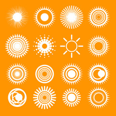 Orange Sun collection icons. Set of sun icons isolated on white background. Vector illustration.