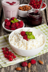 breakfast with fresh homemade cottage cheese with raspberry