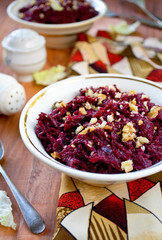 Fresh beet salad with garlic and walnuts