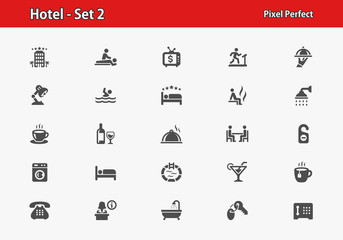 Hotel Icons. Professional, pixel perfect icons optimized for both large and small resolutions. EPS 8 format.