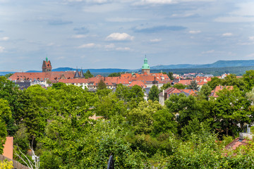 Fototapeta na wymiar Bamberg city view from one of the hills. Historic city center of Bamberg is a listed UNESCO world heritage site
