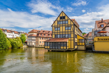 Bamberg. Old buildings on the Pegnitz river.  Historic city center of Bamberg is a listed UNESCO world heritage site