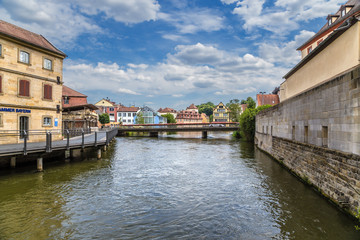 Bamberg. Bridges and old houses on the banks of the Regnitz river.  Historic city center of Bamberg is a listed UNESCO world heritage site