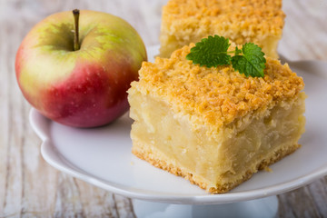 Homemade apple pie on white plate