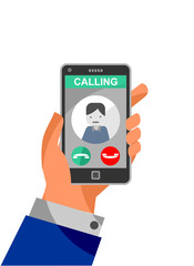Calling on the phone - vector drawing of a ringing mobile phone with image of caller. Life choices metaphor- to accept or reject