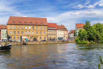 Bamberg, Germany. Pier Am Cranen (cranes) on the banks of the river Regnitz river. Historic city...
