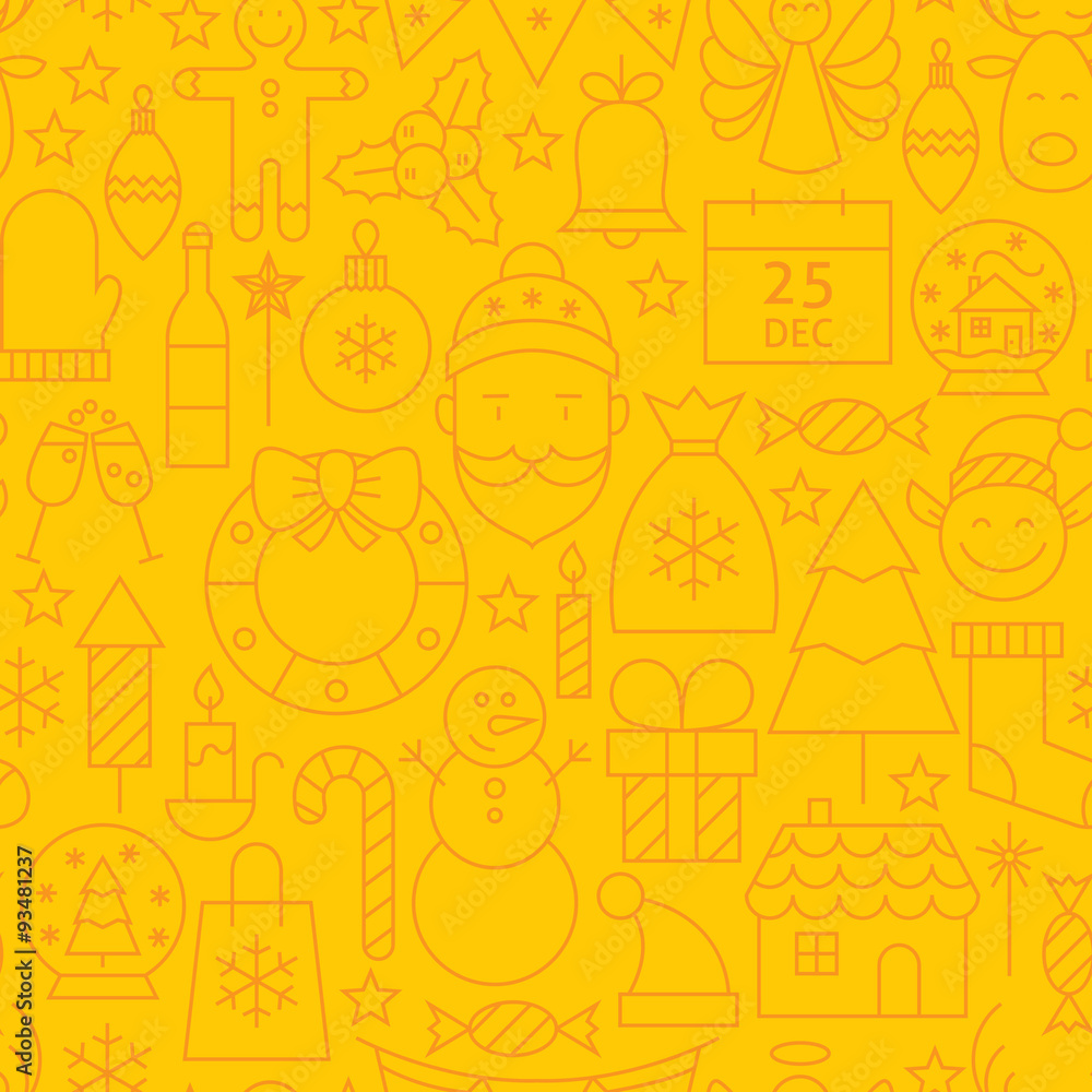 Sticker Thin Line Holiday Christmas Yellow Seamless Pattern