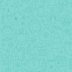 Thin Line Winter Happy New Year Seamless Blue Pattern