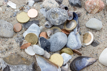 Fototapeta na wymiar gold coins / Coins, stones and shells in the sand
