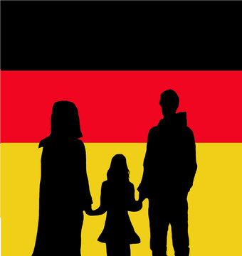 Flüchtlinge , deutsche Fahne mit Silhouetten