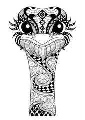 Hand drawn zentangle ostrich for coloring page,logo, t shirt design effect and tattoo