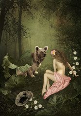 Young, naked girl with long hair and bear in a forest