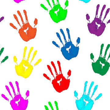 colorful hand prints on white background vector seamless pattern