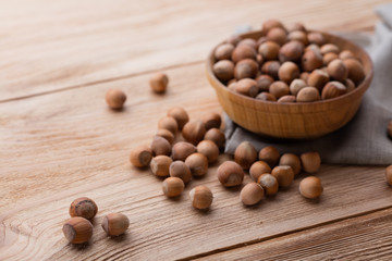 Hazelnuts on wooden table