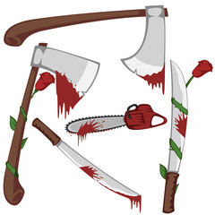 Bloody set of weapons - Variations of bloody axes, machetes and a chainsaw