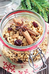 Granola with  nuts,seed mix and dried cranberries. Selective focus, toned image