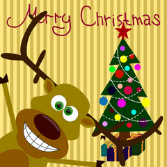 Christmas card which depicts funny reindeer and Christmas tree .