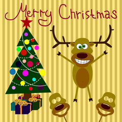 Christmas card which depicts funny reindeer and Christmas tree .