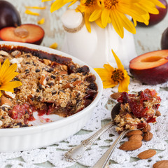 Crumble with plums.selective focus