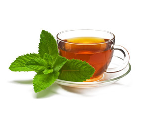 Cup tea with mint on a white background.