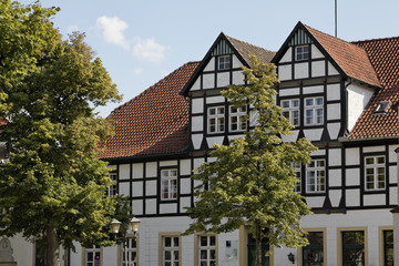 Fototapeta na wymiar Timbered house in Bad Essen, Osnabrueck country, Lower Saxony, Germany, Europe