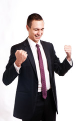 Portrait of young happy smiling business man, isolated over white background