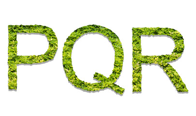 Letter P Q R made of green grass isolated on white