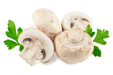 Champignon mushroom with parsley isolated on white