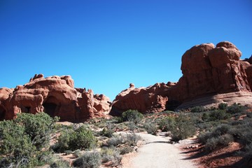 Fototapeta premium Path to the Double Arch at the Arches National Park in Moab, Utah 