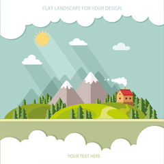 Landscape. Houses in the mountains among the trees. Flat style,