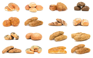 Collection of various types of breads. Isolated over white backg