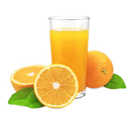 Orange juice and oranges with leaves on white background