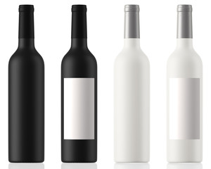 Black and white wine bottles clean and with labels isolated on white background with reflection