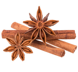 cinnamon stick and star anise spice isolated on white background