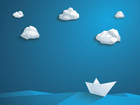 Low poly paper boat vector background. Polygonal clouds and
