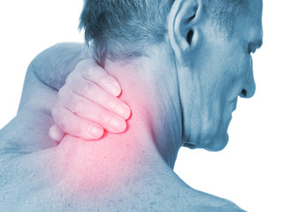 Man touching back of spine.Pain concept.Isolated on white