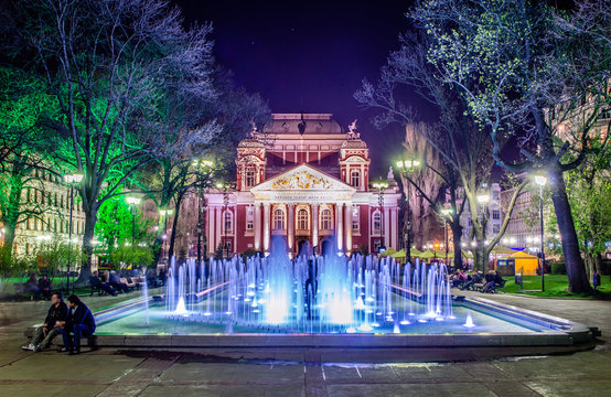 Night View Over Illuminated Ivan Vazov Theatre In Bulgarian Capital Sofia.