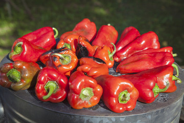 Red peppers on wood burning stove.