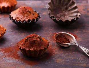 Muffins with blueberries, topped with cocoa powder, on a dark background.selective focus.