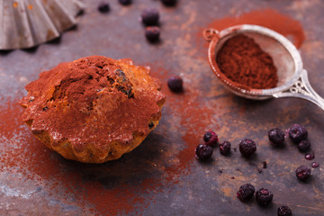 Muffins with blueberries, topped with cocoa powder, on a dark background.selective focus.
