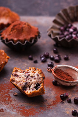 Muffins with blueberries, topped with cocoa powder, on a dark background.selective focus.
