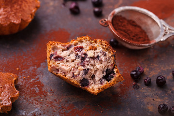 Muffins with blueberries, topped with cocoa powder, on a dark background.selective focus.