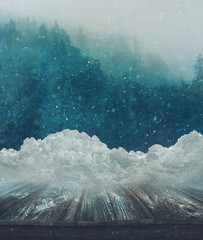 Winter landscape with snow and wooden table