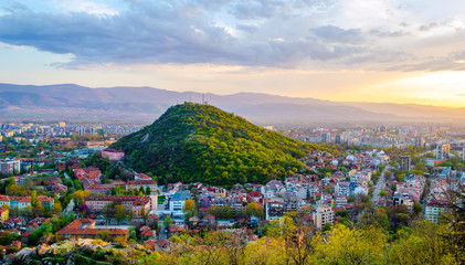sunset over bulgarian city plovdiv