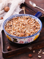 Plum crumble, lean, with nuts.selective focus