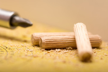 Macro view of screwdriver and wooden dowels on the table