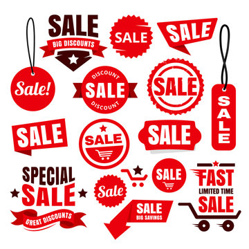 Red Discount Sale Tags, Badges And Ribbons