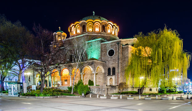 night view of the illuminated sveta nedelya church in bulgarian capital sofia.
