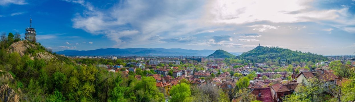 aerial view of bulgarian city plovdiv, which is famous for its old town and relics from ancient rome. because of its cultural heritage it became european capital of culture 2017.